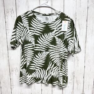 Kim Rogers Blouse Women Size Small Palm Print Round Neck Short Sleeve Tee Shirt